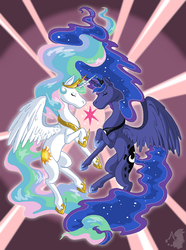 Size: 631x850 | Tagged: safe, artist:analogie, princess celestia, princess luna, g4, element of magic, eyes closed, floating, horn, horns are touching