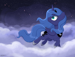 Size: 3000x2300 | Tagged: safe, artist:kodabomb, princess luna, g4, cloud, female, high res, looking up, night, s1 luna, sky, smiling, solo, stars