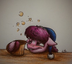 Size: 2054x1807 | Tagged: safe, artist:lupiarts, berry punch, berryshine, earth pony, pony, g4, advent calendar, blushing, drunk, drunk bubbles, female, hoof hold, mug, solo, stocking cap, traditional art