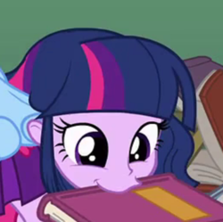 Size: 518x516 | Tagged: safe, screencap, twilight sparkle, equestria girls, g4, bibliovore, book, cropped, female, humans doing horse things, mouth hold, solo, that pony sure does love books