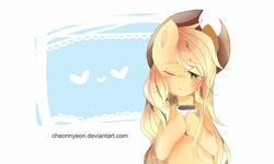 Size: 1023x614 | Tagged: safe, artist:yioyio, applejack, g4, blushing, cup, cute, female, holding, hoof hold, jackabetes, one eye closed, signature, sitting, solo