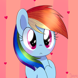 Size: 1600x1600 | Tagged: safe, artist:darkynez, rainbow dash, g4, :<, big eyes, blushing, bust, cute, dashabetes, female, heart, solo