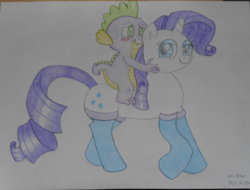 Size: 4680x3552 | Tagged: safe, artist:mc-ryan, rarity, spike, g4, blushing, colored pencil drawing, female, male, riding, ship:sparity, shipping, spike riding rarity, straight, traditional art