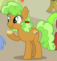 Size: 286x306 | Tagged: safe, screencap, apple brown betty, earth pony, pony, apple family reunion, g4, apple family member, background pony, cropped, eating, female, mare, puffy cheeks, solo focus