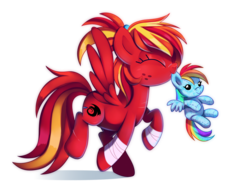 Size: 1280x971 | Tagged: safe, artist:pepooni, rainbow dash, oc, oc:fire strike, g4, eyes closed, mouth hold, plushie