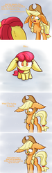 Size: 1280x4254 | Tagged: safe, artist:heir-of-rick, part of a set, apple bloom, applejack, daily apple pony, g4, comic, cute, dialogue, flashback, floppy ears, impossibly large ears, nervous, pigtails, snow, snowfall, younger