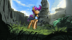 Size: 1920x1080 | Tagged: safe, artist:hierozaki, scootaloo, g4, clothes, female, music notes, scarf, scenery, singing, sketch, solo