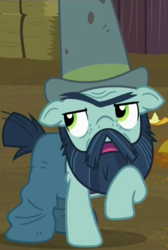 Size: 666x990 | Tagged: safe, screencap, big daddy mccolt, earth pony, pony, g4, the hooffields and mccolts, beard, clothes, cropped, facial hair, hat, male, mccolt family, moustache, raised hoof, solo, stallion