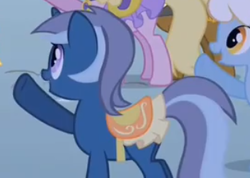 Size: 325x231 | Tagged: safe, screencap, blue belle (g4), sky flower, sweet dreams (g4), pony, unicorn, g4, my little pony: friendship is magic, the best night ever, background pony, cropped, female, horn, mare, raised hoof, saddle, solo focus