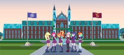 Size: 1335x598 | Tagged: safe, artist:amante56, artist:xebck, applejack, fluttershy, pinkie pie, rainbow dash, rarity, sunset shimmer, twilight sparkle, equestria girls, friendship games, g4, clothes, clothes swap, high heels, mary janes, pantyhose, pleated skirt, shoes, skirt, socks