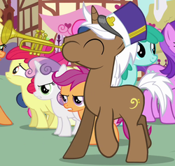 Size: 650x620 | Tagged: safe, screencap, amethyst star, apple bloom, applejack, brass blare, scootaloo, sparkler, spring melody, sprinkle medley, sweetie belle, g4, one bad apple, background pony, cutie mark crusaders, hat, musical instrument, shako, trumpet