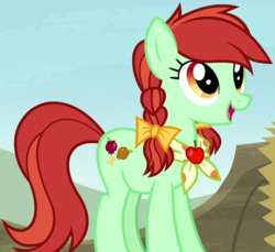 Size: 700x642 | Tagged: safe, screencap, candy apples, earth pony, pony, appleoosa's most wanted, g4, apple family member, background pony, bow, cropped, female, hair bow, mare, open mouth, pigtails, solo