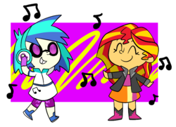 Size: 673x487 | Tagged: safe, artist:typhwosion, dj pon-3, sunset shimmer, vinyl scratch, equestria girls, g4, chibi, duo, music notes, simple background, transparent background