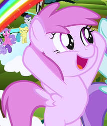 Size: 397x466 | Tagged: safe, screencap, cheery, pinkie feather, rainy feather, tootsie flight, tornado bolt, pegasus, pony, g4, the cutie mark chronicles, background pony, cheerybetes, cropped, cute, female, filly, purpletastic, rainbow, solo focus