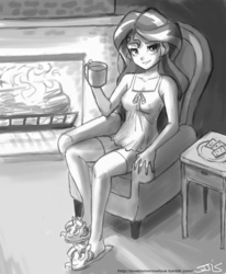 Size: 800x970 | Tagged: safe, artist:johnjoseco, sunset shimmer, human, equestria girls, g4, black and white, clothes, coffee, cookie, cup, female, fire, fireplace, food, grayscale, humanized, looking at you, monochrome, mug, nightgown, shorts, sitting, slippers, solo, stockings, tank top