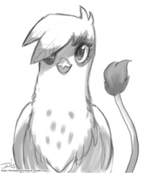 Size: 800x970 | Tagged: safe, artist:johnjoseco, gilda, griffon, g4, black and white, cute, feathers over one eye, female, gildadorable, grayscale, hair over one eye, looking at you, monochrome, smiling, solo