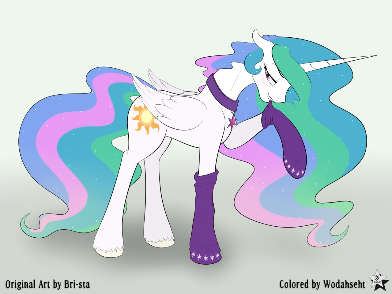 1047653 - safe, artist:bri-sta, artist:wodahseht, color edit, edit,  princess celestia, twilight sparkle, alicorn, pony, g4, clothes, collar,  colored, cutie mark collar, female, lesbian, mare, raised hoof,  ship:twilestia, shipping, sketch, socks, solo -