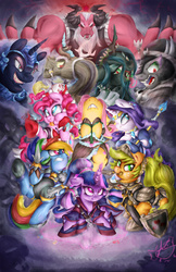 Size: 1242x1920 | Tagged: safe, artist:aquaticsun, applejack, discord, fluttershy, king sombra, lord tirek, nightmare moon, pinkie pie, queen chrysalis, rainbow dash, rarity, twilight sparkle, alicorn, pony, g4, antagonist, armor, clothes, female, mane six, mare, twilight sparkle (alicorn)