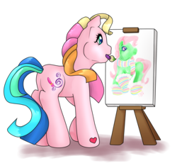 Size: 1612x1525 | Tagged: safe, artist:prettywitchdoremi, minty, toola-roola, earth pony, pony, g3, canvas, easel, female, heart, heart eyes, mare, paintbrush, painting, simple background, solo, transparent background, wingding eyes