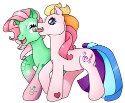 Size: 1315x1080 | Tagged: safe, artist:prettywitchdoremi, minty, toola-roola, earth pony, pony, g3, duo, duo female, female, heart, heart eyes, mare, painting, simple background, transparent background, wingding eyes, winter minty