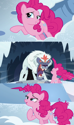 Size: 1280x2160 | Tagged: safe, screencap, pinkie pie, snowbutt mctwinkles, earth pony, pony, yeti, g4, party pooped, butt, comic, female, mare, plot, snow