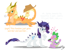 Size: 3312x2552 | Tagged: safe, artist:blood-asp0123, applejack, rarity, spike, dragon, g4, awkward, blushing, breaking the fourth wall, dragoness, dragonified, dragonjack, engagement ring, female, fourth wall, heart, heart eyes, horn, kneeling, looking at each other, looking at you, male, marriage proposal, meta, raridragon, ring, ship:sparity, shipping, simple background, species swap, straight, stuttering, sweat, transparent background, trio, wingding eyes