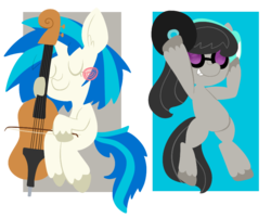 Size: 858x689 | Tagged: safe, artist:typhwosion, dj pon-3, octavia melody, vinyl scratch, earth pony, pony, unicorn, g4, accessory swap, bipedal, cello, duo, musical instrument, personality swap, record, simple background, transparent background, vinyl's glasses