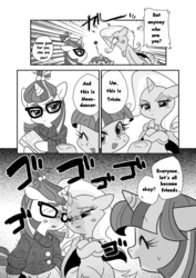 Size: 649x916 | Tagged: safe, artist:akira bano, moondancer, trixie, twilight sparkle, alicorn, pony, g4, comic, doujin, female, lesbian, mare, menacing, monochrome, preview, ship:twidancer, ship:twixie, shipping, translation, twilight sparkle (alicorn), twixdancer