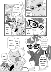 Size: 649x916 | Tagged: safe, artist:akira bano, moondancer, trixie, twilight sparkle, alicorn, pony, g4, comic, doujin, female, mare, monochrome, preview, translation, twilight sparkle (alicorn)