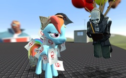 Size: 1024x640 | Tagged: safe, artist:demongmod, rainbow dash, pegasus, pony, g4, 3d, balloon, combine, female, funny, gmod, half-life 2, mare, metrocop, soldier, ticket, unamused