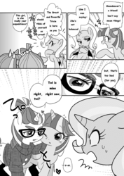 Size: 649x916 | Tagged: safe, artist:akira bano, moondancer, trixie, twilight sparkle, alicorn, pony, g4, comic, doujin, female, mare, monochrome, preview, translation, twilight sparkle (alicorn)