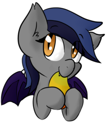 Size: 580x674 | Tagged: safe, artist:candel, oc, oc only, oc:echo, bat pony, pony, cute, food, mango, simple background, solo, transparent background