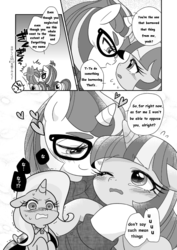 Size: 649x916 | Tagged: safe, artist:akira bano, moondancer, trixie, twilight sparkle, alicorn, pony, g4, comic, context needed, doujin, female, lesbian, mare, monochrome, preview, ship:twidancer, shipping, translation, twilight sparkle (alicorn)