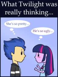 Size: 910x1200 | Tagged: safe, artist:estrill, flash sentry, twilight sparkle, equestria girls, g4, blushing, chibi, humanized, shipping denied, thought bubble