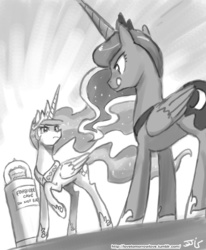 Size: 800x970 | Tagged: safe, artist:johnjoseco, princess celestia, princess luna, alicorn, pony, g4, angry, cake, cakelestia, female, food, grayscale, licking, licking lips, mare, monochrome, raised hoof, this will not end well, tongue out