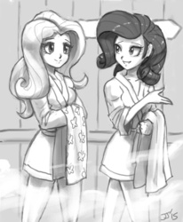 Size: 800x970 | Tagged: safe, artist:johnjoseco, fluttershy, rarity, human, g4, bathrobe, clothes, duo, female, grayscale, humanized, looking at each other, monochrome, robe, sauna, towel