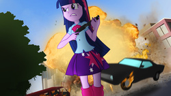 Size: 3840x2160 | Tagged: safe, artist:bastbrushie, twilight sparkle, equestria girls, g4, car, cool guys don't look at explosions, explosion, female, grand theft auto, gun, high res, shotgun, solo, twilight sparkle (alicorn), weapon