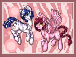 Size: 1024x768 | Tagged: safe, artist:hellythequeen, oc, oc only, oc:sweetcake, oc:umbra, pegasus, pony, zebracorn, commission