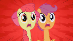 Size: 479x268 | Tagged: safe, apple bloom, scootaloo, g4, long neck, omg