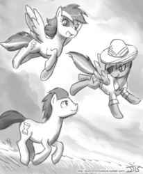 Size: 800x970 | Tagged: safe, artist:johnjoseco, daring do, doctor whooves, rainbow dash, time turner, pegasus, pony, g4, black and white, female, flying, grayscale, male, mare, monochrome, running, stallion