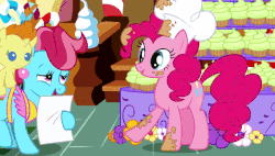 Size: 600x340 | Tagged: safe, screencap, cup cake, gummy, pinkie pie, pound cake, pumpkin cake, alligator, earth pony, pegasus, pony, unicorn, g4, season 5, the one where pinkie pie knows, animated, baby, baby pony, colt, cupcake, female, filly, foal, food, male, mare, spinning, sugarcube corner