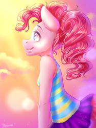 Size: 768x1024 | Tagged: safe, artist:iponylover, pinkie pie, earth pony, anthro, g4, bare shoulders, clothes, cloud, cute, diapinkes, female, profile, skirt, solo, sunlight, tank top