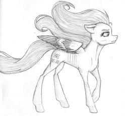 Size: 1591x1465 | Tagged: safe, artist:fullmoondagger, fluttershy, g4, female, grayscale, looking away, monochrome, pencil drawing, simple background, solo, spread wings, standing, traditional art, white background, windswept hair, windswept mane