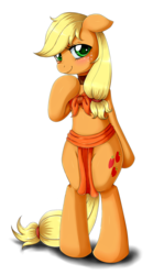 Size: 1250x2100 | Tagged: dead source, safe, alternate version, artist:evomanaphy, applejack, earth pony, pony, g4, bipedal, blushing, collar, cute, female, front knot midriff, loincloth, looking at you, mare, midriff, slave, slave outfit, solo