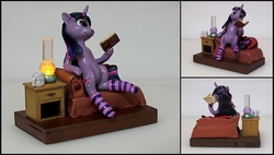 Size: 1600x908 | Tagged: safe, twilight sparkle, g4, book, clothes, mug, nightlight, pillow, sculpture, sitting, socks, striped socks