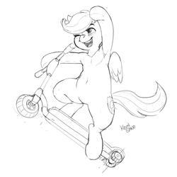 Size: 900x900 | Tagged: safe, artist:kevinsano, scootaloo, pony, semi-anthro, g4, arm hooves, armpits, belly button, bipedal, featureless crotch, female, grayscale, monochrome, scooter, solo