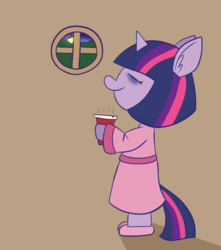 Size: 696x789 | Tagged: safe, artist:typhwosion, twilight sparkle, semi-anthro, g4, clothes, coffee cup, cup, eyes closed, female, robe, slippers, solo, tired