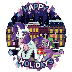 Size: 500x500 | Tagged: dead source, safe, artist:panyang-panyang, rarity, spike, g4, animated, christmas, city, clothes, female, heart, holiday, male, present, scarf, ship:sparity, shipping, smiling, snow, straight