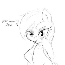Size: 1910x1910 | Tagged: safe, artist:randy, oc, oc only, oc:aryanne, pony, akanbe, bipedal, black and white, chest fluff, dialogue, ear fluff, eyelid pull, female, grayscale, insult, jew, mare, monochrome, outline, simple background, sketch, solo, taunting, tongue out, white background, your mom