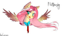 Size: 2256x1300 | Tagged: safe, artist:lucume, fluttershy, g4, blushing, female, flower, flower in hair, simple background, solo, spread wings